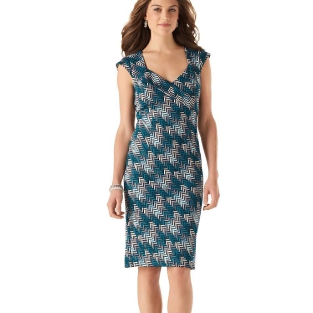 White House Black Market - Teal Geometric Herringbone Lined Dress - 0